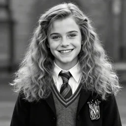 stock photo of gigachad wearing hermione granger's clothes, strongest jawline in history, black and white, most handsome smile award winner for five consecutive years