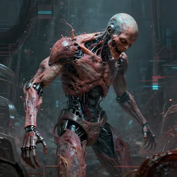 robot growing flesh and slowly turning into a human whilst going insane, surreal digital painting, morbid, futuristic, surreal, glitch, cyber, chaotic, high quality, trending on artstation, epic composition, 8 k uhd