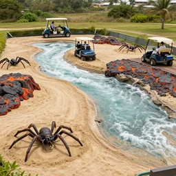 golf cart obstacle course with sand traps, flowing water, lava, giant spiders. directed by steven spielberg. cinematic