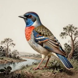 A beautiful experimental art of a bird in its natural habitat. The bird is shown in great detail, with its colorful plumage and intricate patterns. The background is a simple but detailed landscape, with trees, bushes, and a river. Labyrinth Pan's by ROA, by Roman Vishniac doom