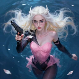 beautiful + blonde + dragon queen + white hair + cool glasses + holding pistol + tights + lily collins + black pink, floating under the deep dream water, beautiful smooth soft light + white petal, oil paint, cinematic lighting, octane render, unreal engine 5, closeup, 4 k, highly detailed, instagram,