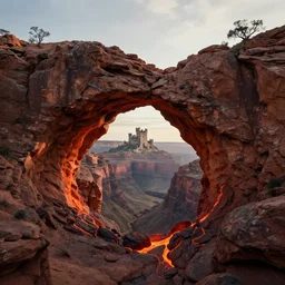 Rocky arch connect two sides from left to right over the canyon with magma, in the distance ancient castle with destroyed tower, highly detailed, matte painting, wide lens, ultra realistic, 4k, 8k resolution, trending on artstation, octane render, unreal engine.