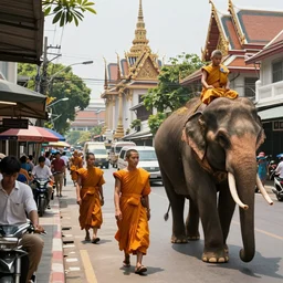 In a future Bangkok, yellow-robed monks and elephants walk the streets of a bustling city under the hot sun ,by jamie jones