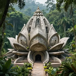 futuristic stone lotus  temple in a lush jungle  by buckminster fuller and syd mead, intricate contemporary architecture, photo journalism, photography, cinematic, national geographic photoshoot