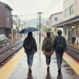 walking around ozu city and shimonad station, ehime, japan. rain, wet, volumetric lighting, realistic illustration, perfectly shaded, soft painting, art by krenz cushart and wenjun lin
