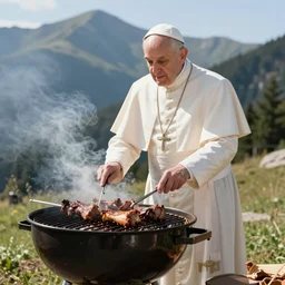 the pope grilling meat in a barbecue outside, sunlight, natural lighting, nature, mountain, barbecue, professional photography, 5 0 mm