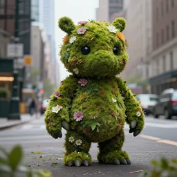 a creature made of moss and flowers in New York, cinematic, photo realistic, concept art, well detailed, 8k,