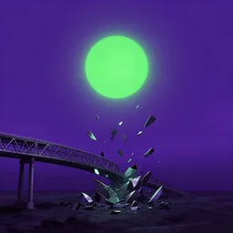 a dark matter piece of purple sky with a green sun falls to the ground and breaks into fragments, metallic bridge, futurism, schizophrenia, hyperrealistic fall