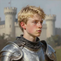 a blonde male teenager wearing a silver plate armor, digital painting, digital art, oil painting, masterpiece, realistic and detailed face, profile picture, realistic, highly detailed, high quality, 4 k, symmetrical, low contrast, trending on deviantart, soft colors, soft lighting, face portrait, harmonious, beautiful, elegant, anatomically correct, castle in the background, bokeh, dof