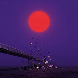 a dark matter piece of purple sky with a red sun falls to the ground and breaks into fragments, metallic bridge, futurism, schizophrenia, hyperrealistic fall