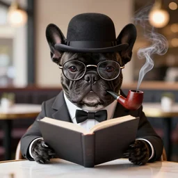 a portrait picture of a black french bulldog wearing a dinner jacket wearing a bowler hat and reading glasses, smoking a pipe sitting at a table at a french cafe octane render unreal engine 5 4 k symmetric