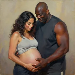 shaquille o'neil pregnant, shaquille o'neil holding his pregnant stomach, shaquile o'neil pregnant, shaquille o'neil embracing judge judy, judge judy, judge judy, oil on canvas, trending on artstation, digital art
