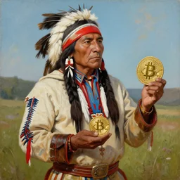 a painting of a native american chief selling his bitcoin, in traditional dress, by atrgerm