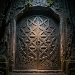 cinematic artwork of a flower of life etched onto the door of an ancient tomb, trees, trending on artstation, ambient light, 4 k, masterpiece