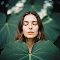 An analog head and shoulder portrait frontal face photography of a woman behind multiple big leaves by Annie Leibovitz. Long hair. closed eyes. Kodak Portra 800 film. Depth of field. whirl bokeh. Sunshine. detailed. hq. realistic. warm light. muted colors. Moody. Filmic. Dreamy. lens flare. Leica M9, f/1.2, symmetrical balance, in-frame