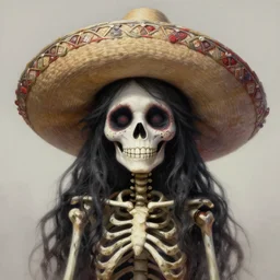 cute & beautiful smiling undead skeleton girl wearing a sombrero, digital art, fantasy, painting, highly detailed, art by artgerm