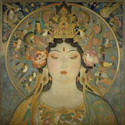 portrait breathtaking detailed concept art painting art deco pattern of birds goddesses amalmation flowers head thibetan temple, by hsiao ron cheng, tetsuya ichida, bizarre compositions, yoji shinkawa, exquisite detail, extremely moody lighting, 8 k, art nouveau, old chines painting, art nouveau