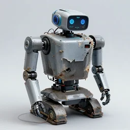 a photographic portrait of a decommissioned retail robot, loose wires, torn mesh, crusty electronics, high damage, surface imperfections, hard surface modeling, sub surface scattering