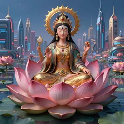 Beautiful 3d render of the flower queen goddess on a lotus, centered, symmetry, with the third eye on her forehead, painted, intricate, volumetric lighting, beautiful, rich deep colours masterpiece, sharp focus, ultra detailed, in the style of Dan Mumford, Mark ryden and marc simonetti, with a clear crowded futuristic cyberpunk dubai city in the background, astrophotgraphy