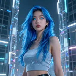 A sexy Asian female with blue hair and glowing eyes wanders, hyperrealistic, cyber universe, glass buildings, volumetric lightning, reflections, octane render 8K