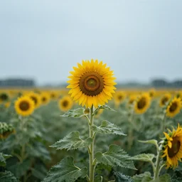 a sad!!! sunflower on a rainy! day, standing alone in a wide! field!, in a symbolic and meaningful style, trending on artstation, by rj monet.