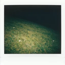 polaroid photo!! of a green empty steep grass hill with no trees, flash photography, at night, uncanny photo, colored photograph