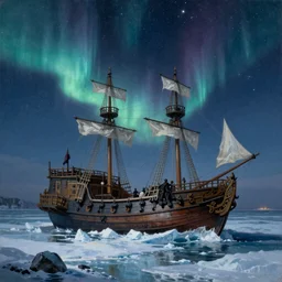 Painting of a Pirate ship stuck in ice on cold sea by rembrandt. star lit sky, ultra realistic. Northern lights, Cinematic composition