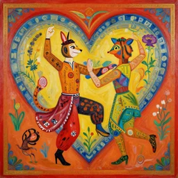 painting animal puppet groove is in the heart, we're going to dance and have some fun, painted by james jean and fernando botero in chinese style
