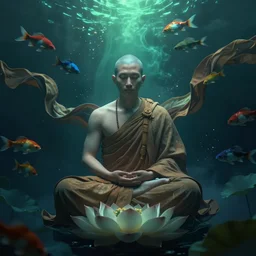 a wise monk meditating underwater, lotus pose, epic composition, fabrics flying around him, smoky, dark, mysterious, colourful fish, high detail, green and blue light, digital art, artstation, unreal engine 5, octane render
