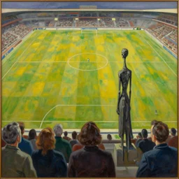 spectators watching a football match + oil painting in the style of alberto giacometti and agostino arrivabene + two point perspective + bird's eye view + golden ratio composition