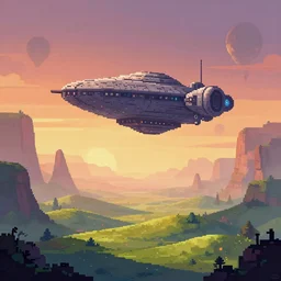 pixel art landscape of massive space ship landing on an alien planet, misty mysterious, strange magic, beautiful rolling hills, sunset, cliffs, warm light, artstation, deviantart, 8 bit game concept art
