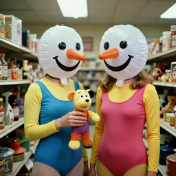 1978 twin women on tv show wearing an inflatable smileymask with a long prosthetic nose and googly eyes, technicolor wearing a leotard at the store 1978 color film 16mm holding a hand puppet Fellini John Waters Russ Meyer Doris Wishman