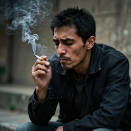 a desperate man smoking a cigarette