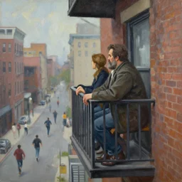 painting of a rich man and woman sitting on the balcony of an apartment building in nyc watching the people below as they run away from zombies