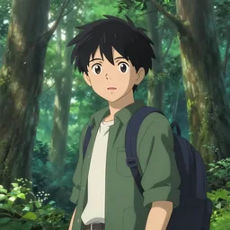 anime character in the woods, hyperrealistic, artful