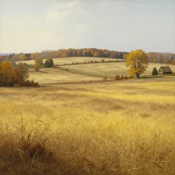 a dry flat land of pastures and farms! with yellow!!! and brown!!! grass, autumn!!!, medieval era, by asher brown durand and chesley bonestell
