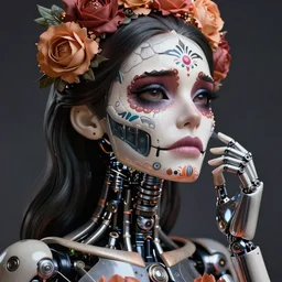 beautiful crying mechanical female android!, intricate, elegant, super highly detailed, professional digital painting, el dia los muertos, concept art, smooth, sharp focus, unreal engine 5, photorealism, hd, 8 k, beautiful, cinematic, art by artgerm and greg rutkowski and alphonse mucha and loish and wlop