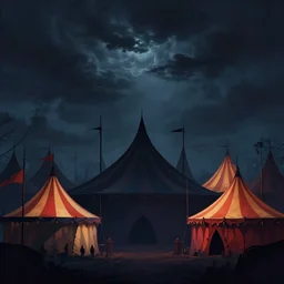 beautiful matte painting silhouette of dark colorfull evil circus tents and carnival, dark stormy dramatic sky, Moebius, frank frazetta, james gurney, thomas kinkade, rodney mathews, beeple, trending on artstation