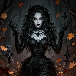 beautiful stella maeve magician, black magic spells, in the style of rafeal albuquerque comicbook cover art, phil noto, realistic character concept, creepy pose, spooky, symmetrical face and body, volumetric lighting, detailed realistic symmetrical eyes, 8 k, insanely detailed and intricate elegant, autumn leaves, norman rockwell, artgerm, thomas kinkade