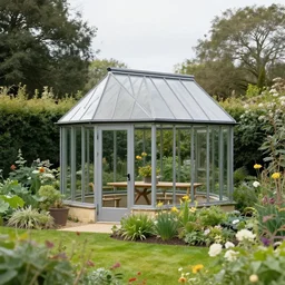 a quaint glass cottage with walls and roof made of glass, surrounded by a beautiful English garden, set in the English countryside, landscape architecture photo