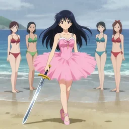 hisoka wearing a pink tutu ballet dress with a shiny chrome sword in his hand while standing on a rainy beach with girls in colorfull bikini ‘ s in the back, anime style, 4 k, high detail, minimalistic,