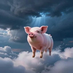 cute little pink pig is suspended in the clouds, a blue storm is brewing, by pablo carpio, greg rutkowski
