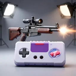 A commercial photo of a super-nintendo with a Sniper gun painting, studio background, studio lighting, photorealistic, octane render, 8K, highly detailed, high quality, product photo