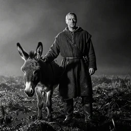 a movie still by tarkovsky of a huge man in medieval clothes with one donkey in a swamp mossy, by night, cinestill 8 0 0 t 3 5 mm b & w, heavy grain, high quality, noir, natural textures, photorealistic, ambient occlusion, hd, mud, fog, criterion collection