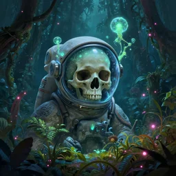 an astronaut with a skull head, surrounded by bio - luminescent, glowing peaceful serene sentient solarpunk, plants, fauna, deep jungle. in the style of horizon zero dawn, scattered glowing pink fireflies, by greg rutkowski, beeple, sharp focus, digital painting, concept art