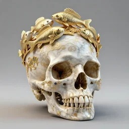 beautiful 3 d render of an ornamented skull, wearing a crown of beta fish by billelis + gold and marble sculpture + gold filigree + kintsugi!!!, intricate galaxy inlay, transcendent, clean linework, finely detailed, 4 k, trending on artstation, photorealistic, volumetric lighting, octane render