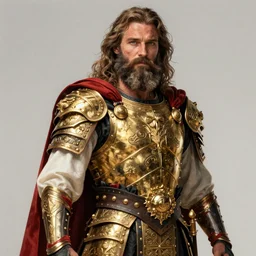 chris pratt ancient corsican, long beard, gold armor, black red white clothes, intricate, highly detailed, artstation, sharp focus, illustration, jurgens, aleksi briclot, rutkowski, bouguereau, mucha