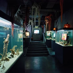 colored photograph taken on fujifilm superia film, 3 5 mm, spooky creepy liminal space, halloween decorations, educational display case, aquatic exhibition science museum, driedup rotting aquarium with tentacles, fishbones, bright computer screens with colorful displays, backroom stairs leading down under water, displacement