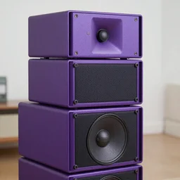 purple funktion 1 speaker stack, depth of field, photorealistic render, XF IQ4, 150MP, 50mm, F1.4, ISO 200, 1/160s, natural light
