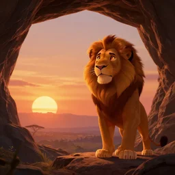 the lion king watching the sunset from a cave, digital art, trending on artstation, HDR, Pixar style